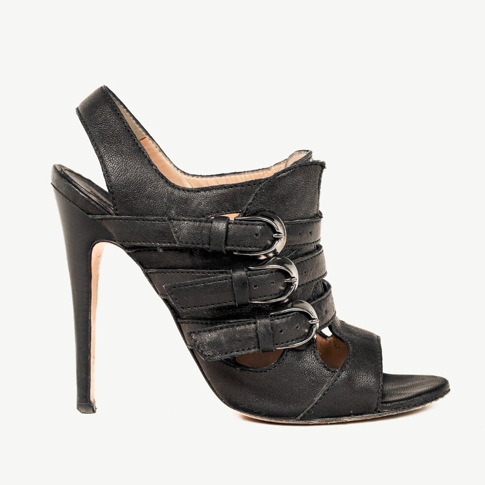 Manolo Blahnik Black Leather Buckled Gladiator Sandals